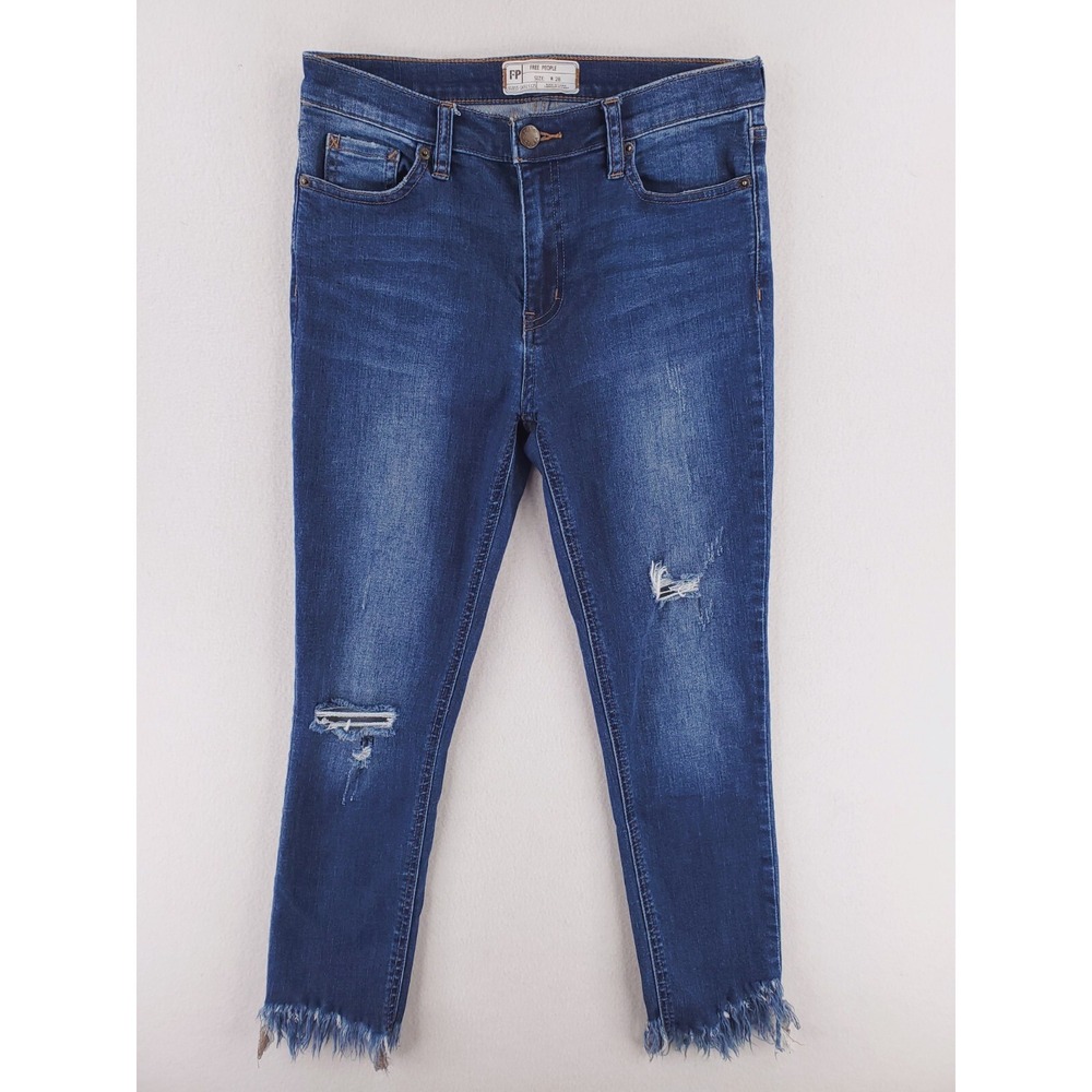Free People Jeans Womens 28 Skinny Distressed Denim Pants Raw Hem Mid Rise